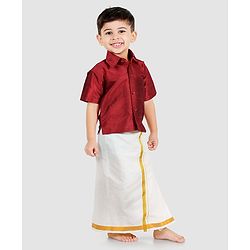 Babyhug Half Sleeve Shirt & Mundu Set - Maroon White