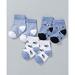 Cute Walk by Babyhug Ankle Length Non Terry Anti-Bacterial Socks Stripes & Paw Print Set of 3 Pairs - Blue