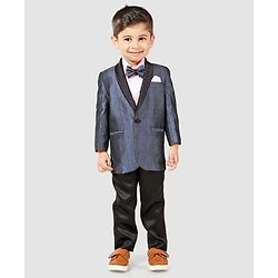 Babyhug Full Sleeves Three Piece Party Suit With Bow - Blue