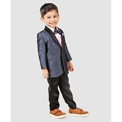 Babyhug Full Sleeves Three Piece Party Suit With Bow - Blue