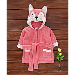 Babyhug Cotton Full Sleeves Hooded Bath Robe Fox Design - Peach