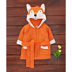 Babyhug Cotton Full Sleeves Hooded Bath Robe Fox Design - Orange