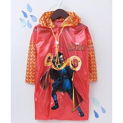 Babyhug Full Sleeves Hooded Raincoat With School Bag Provision Avengers Print - Red