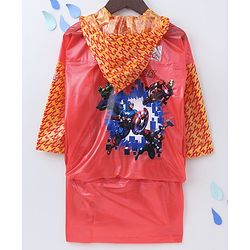 Babyhug Full Sleeves Hooded Raincoat With School Bag Provision Avengers Print - Red