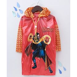 Babyhug Full Sleeves Hooded Raincoat With School Bag Provision Avengers Print - Red