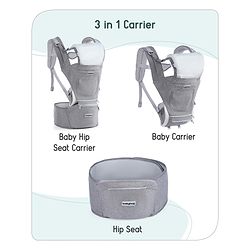 Babyhug Harmony 9-in-1 Ergonomic Baby Carrier with Hip Seat: Breathable fabric, Detachable hood, Padded straps, Pocket storage, and 9 carrying positions for babies up to 15 kg-Grey