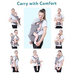 Babyhug Harmony 9-in-1 Ergonomic Baby Carrier with Hip Seat: Breathable fabric, Detachable hood, Padded straps, Pocket storage, and 9 carrying positions for babies up to 15 kg-Grey