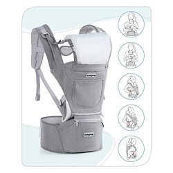 Babyhug Harmony 9-in-1 Ergonomic Baby Carrier with Hip Seat: Breathable fabric, Detachable hood, Padded straps, Pocket storage, and 9 carrying positions for babies up to 15 kg-Grey