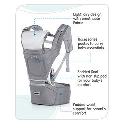 Babyhug Harmony 9-in-1 Ergonomic Baby Carrier with Hip Seat: Breathable fabric, Detachable hood, Padded straps, Pocket storage, and 9 carrying positions for babies up to 15 kg-Grey