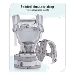 Babyhug Harmony 9-in-1 Ergonomic Baby Carrier with Hip Seat: Breathable fabric, Detachable hood, Padded straps, Pocket storage, and 9 carrying positions for babies up to 15 kg-Grey