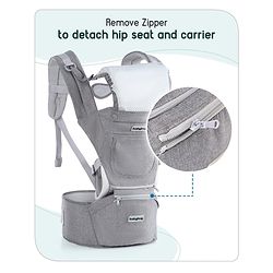 Babyhug Harmony 9-in-1 Ergonomic Baby Carrier with Hip Seat: Breathable fabric, Detachable hood, Padded straps, Pocket storage, and 9 carrying positions for babies up to 15 kg-Grey