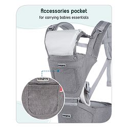 Babyhug Harmony 9-in-1 Ergonomic Baby Carrier with Hip Seat: Breathable fabric, Detachable hood, Padded straps, Pocket storage, and 9 carrying positions for babies up to 15 kg-Grey