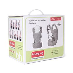 Babyhug Harmony 9-in-1 Ergonomic Baby Carrier with Hip Seat: Breathable fabric, Detachable hood, Padded straps, Pocket storage, and 9 carrying positions for babies up to 15 kg-Grey