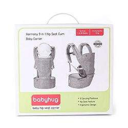 Babyhug Harmony 9-in-1 Ergonomic Baby Carrier with Hip Seat: Breathable fabric, Detachable hood, Padded straps, Pocket storage, and 9 carrying positions for babies up to 15 kg-Grey