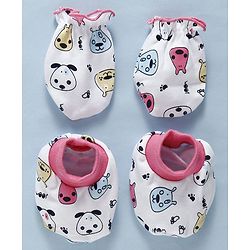 Babyhug Cotton Mittens & Booties Set Cartoon Print - Pink