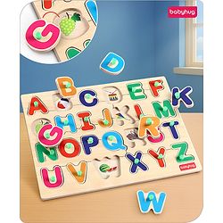 Babyhug Premium 26 pcs Capital Alphabet Wooden Board puzzle for Toddlers| ABC Puzzle Montessori Educational and Learning Toy | Shape Matching Puzzle |Preschool Colorful Knob and Peg Puzzle| BIS Certified| 18+ months