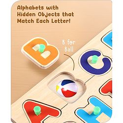 Babyhug Premium 26 pcs Capital Alphabet Wooden Board puzzle for Toddlers| ABC Puzzle Montessori Educational and Learning Toy | Shape Matching Puzzle |Preschool Colorful Knob and Peg Puzzle| BIS Certified| 18+ months
