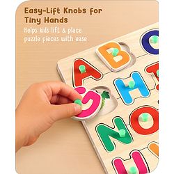 Babyhug Premium 26 pcs Capital Alphabet Wooden Board puzzle for Toddlers| ABC Puzzle Montessori Educational and Learning Toy | Shape Matching Puzzle |Preschool Colorful Knob and Peg Puzzle| BIS Certified| 18+ months