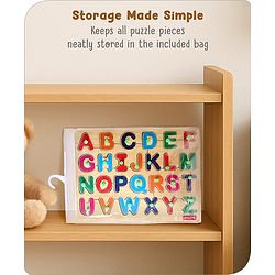 Babyhug Premium 26 pcs Capital Alphabet Wooden Board puzzle for Toddlers| ABC Puzzle Montessori Educational and Learning Toy | Shape Matching Puzzle |Preschool Colorful Knob and Peg Puzzle| BIS Certified| 18+ months