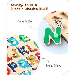Babyhug Premium 26 pcs Capital Alphabet Wooden Board puzzle for Toddlers| ABC Puzzle Montessori Educational and Learning Toy | Shape Matching Puzzle |Preschool Colorful Knob and Peg Puzzle| BIS Certified| 18+ months