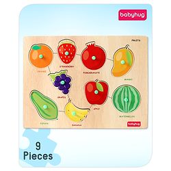 Babyhug Premium 9 pcs Wooden Board Fruit puzzle for Toddlers| Montessori Educational and Learning Toy | Shape Matching Puzzle |Preschool Colorful Knob and Peg Puzzle| BIS Certified| 18+ months