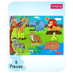 Babyhug Premium 9 pcs Wooden Board Wild Animals puzzle for Toddlers| Montessori Educational and Learning Toy | Shape Matching Puzzle |Preschool Colorful Knob and Peg Puzzle| BIS Certified| 18+ months