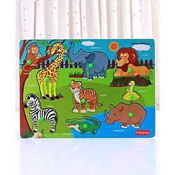 Babyhug Premium 9 pcs Wooden Board Wild Animals puzzle for Toddlers| Montessori Educational and Learning Toy | Shape Matching Puzzle |Preschool Colorful Knob and Peg Puzzle| BIS Certified| 18+ months