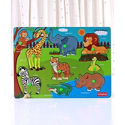 Babyhug Premium 9 pcs Wooden Board Wild Animals puzzle for Toddlers| Montessori Educational and Learning Toy | Shape Matching Puzzle |Preschool Colorful Knob and Peg Puzzle| BIS Certified| 18+ months
