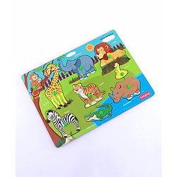Babyhug Premium 9 pcs Wooden Board Wild Animals puzzle for Toddlers| Montessori Educational and Learning Toy | Shape Matching Puzzle |Preschool Colorful Knob and Peg Puzzle| BIS Certified| 18+ months