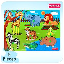 Babyhug Premium 9 pcs Wooden Board Wild Animals puzzle for Toddlers| Montessori Educational and Learning Toy | Shape Matching Puzzle |Preschool Colorful Knob and Peg Puzzle| BIS Certified| 18+ months