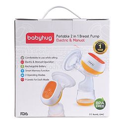 Babyhug Portable 2 in 1 Electric & Manual Breast Pump| Last Used Memory| 2 Modes| 9 Levels Each| Rechargeable & Direct Power| Anti Back Flow| Digital LED Touch| Thermosensitive Base