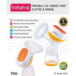 Babyhug Portable 2 in 1 Electric & Manual Breast Pump| Last Used Memory| 2 Modes| 9 Levels Each| Rechargeable & Direct Power| Anti Back Flow| Digital LED Touch| Thermosensitive Base