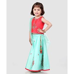 Babyhug Sleeveless Embroidered Choli & Lehenga Set With Dupatta - Peach Mint - 2-3 YRS Peach