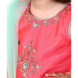 Babyhug Sleeveless Embroidered Choli & Lehenga Set With Dupatta - Peach Mint - 2-3 YRS Peach