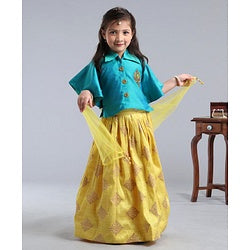 Babyhug Half Sleeves Choli With Chanderi Work Lehanga and Net Dupatta - Turquoise Green & Light Green