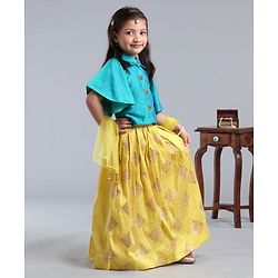 Babyhug Half Sleeves Choli With Chanderi Work Lehanga and Net Dupatta - Turquoise Green & Light Green
