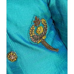 Babyhug Half Sleeves Choli With Chanderi Work Lehanga and Net Dupatta - Turquoise Green & Light Green