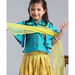 Babyhug Half Sleeves Choli With Chanderi Work Lehanga and Net Dupatta - Turquoise Green & Light Green