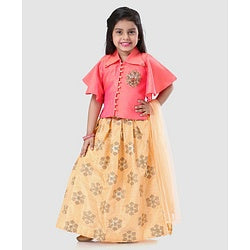 Babyhug Girls Half Sleeves Blouse & Chanderi Lehenga With Dupatta - Peach