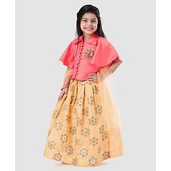 Babyhug Girls Half Sleeves Blouse & Chanderi Lehenga With Dupatta - Peach