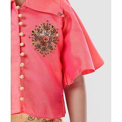 Babyhug Girls Half Sleeves Blouse & Chanderi Lehenga With Dupatta - Peach