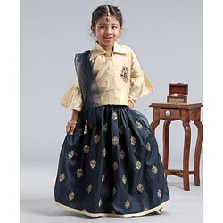 Babyhug Three Fourth Sleeves Shirt Style Choli with Embroidered Lehenga - Beige & Navy