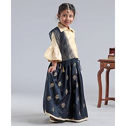 Babyhug Three Fourth Sleeves Shirt Style Choli with Embroidered Lehenga - Beige & Navy