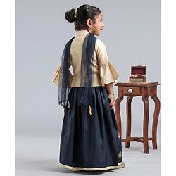 Babyhug Three Fourth Sleeves Shirt Style Choli with Embroidered Lehenga - Beige & Navy