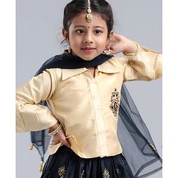 Babyhug Three Fourth Sleeves Shirt Style Choli with Embroidered Lehenga - Beige & Navy