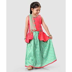 Babyhug Sleeveless Embroidered Choli & Lehenga with Dupatta - Green Orange