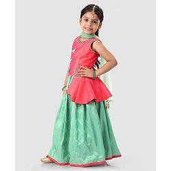 Babyhug Sleeveless Embroidered Choli & Lehenga with Dupatta - Green Orange