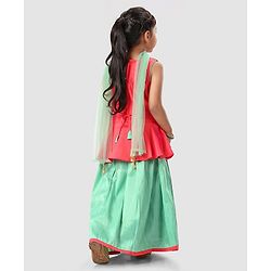 Babyhug Sleeveless Embroidered Choli & Lehenga with Dupatta - Green Orange