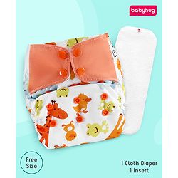 Babyhug Free Size Reusable Contrast Flap Closure Cloth Nappies With Insert Animal Print - White Orange
