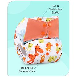 Babyhug Free Size Reusable Contrast Flap Closure Cloth Nappies With Insert Animal Print - White Orange